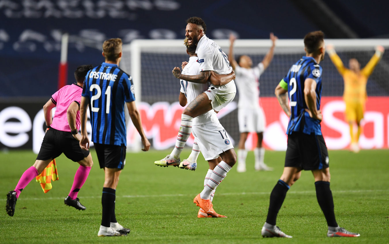 Neymar and match-winner Eric Maxim Choupo-Moting celebrate at full time. PSG made it to the Semi-Finals but overcoming Atalanta was anything but a stroll in the part for the French side