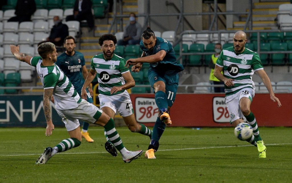 Goals either side of half-time from Zlatan Ibrahimovich and Hakan Calhanoglu saw Milan beat Shamrock Rovers in the Europa League second-round qualifiers