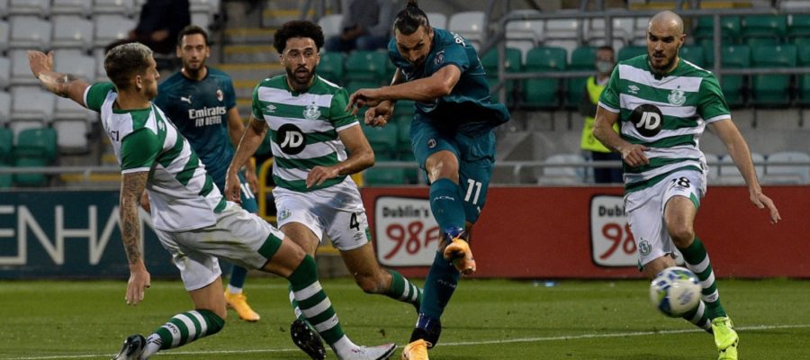 Goals either side of half-time from Zlatan Ibrahimovich and Hakan Calhanoglu saw Milan beat Shamrock Rovers in the Europa League second-round qualifiers